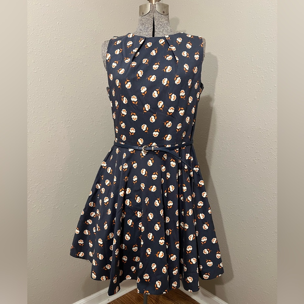 ModCloth Retro Floral Fit and Flare Sleeveless Dress - Navy